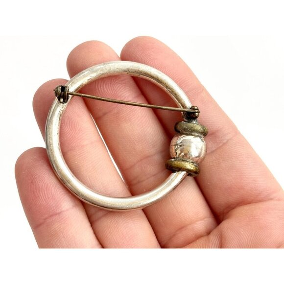 Dual Toned Gold & Sterling Silver Vintage Circular Shaped Minimalist Brooch Pin - Picture 9 of 10